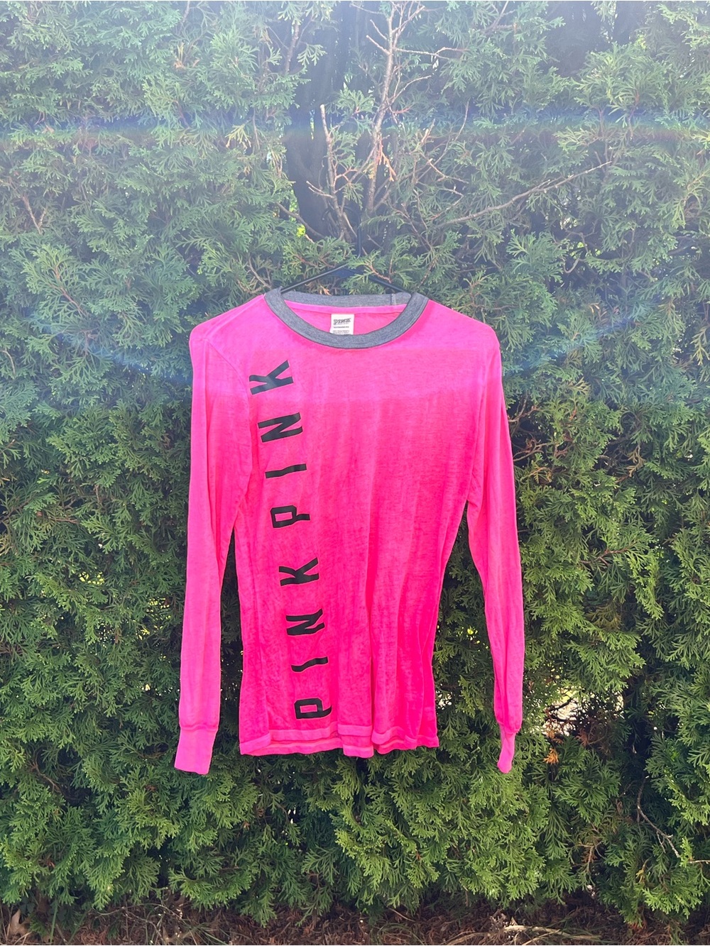 PINK Victoria's Secret Hot Pink Long Sleeve Tee with Gray Trim